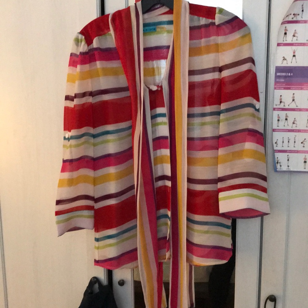 Colorful button down blouse with pussy bow